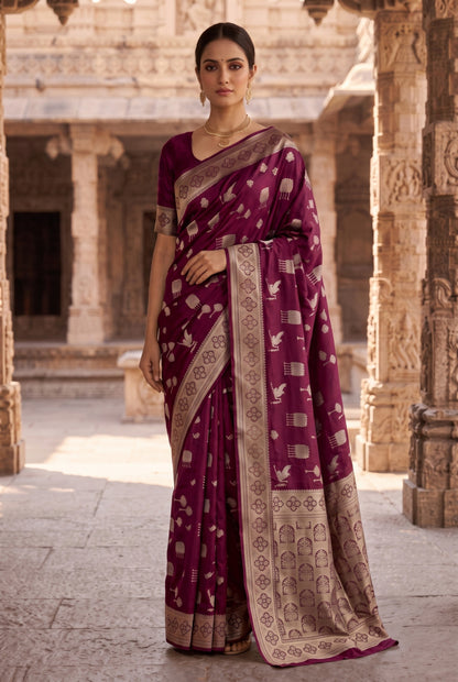 Banarasi Silk Saree with Bird & Tree Motif Weaving