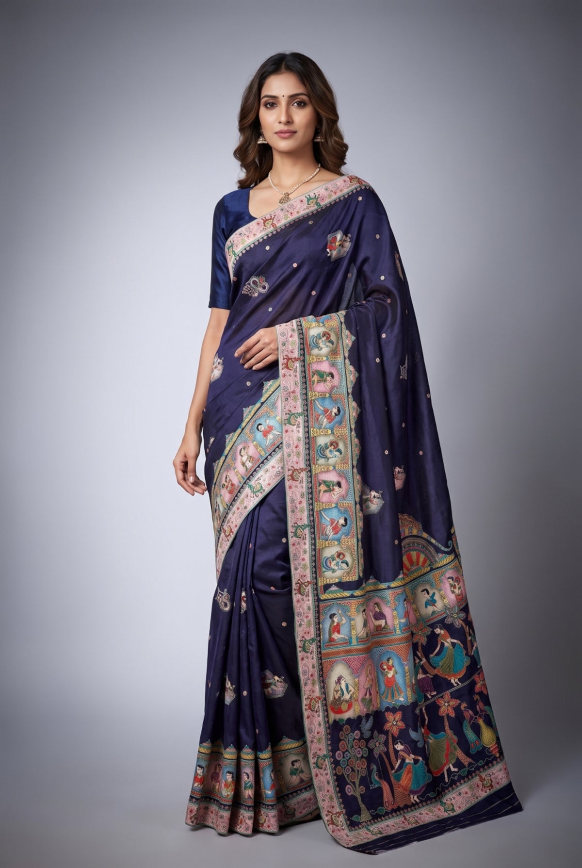 Navy Blue Position Print Saree with Multicolor Figurative Design