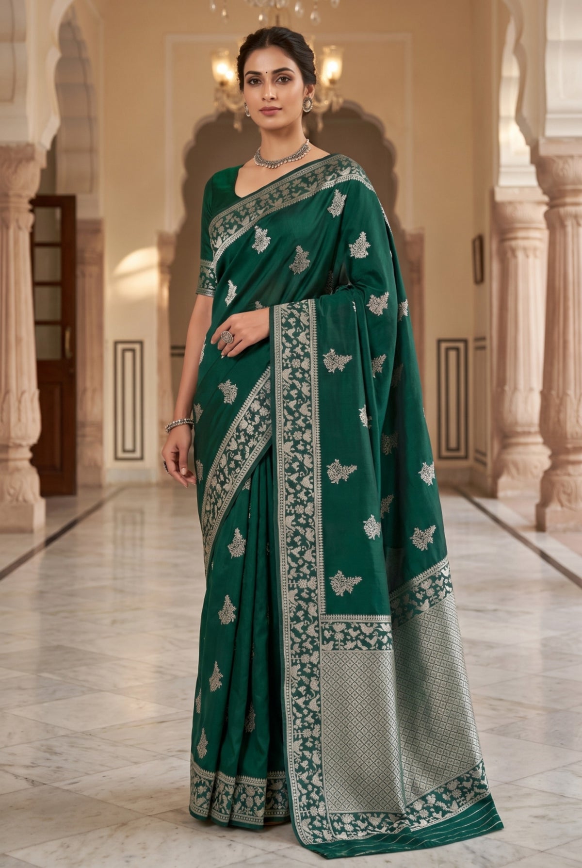 Bottle Green Banarasi Russian Silk Saree with Silver Zari Floral Weaving