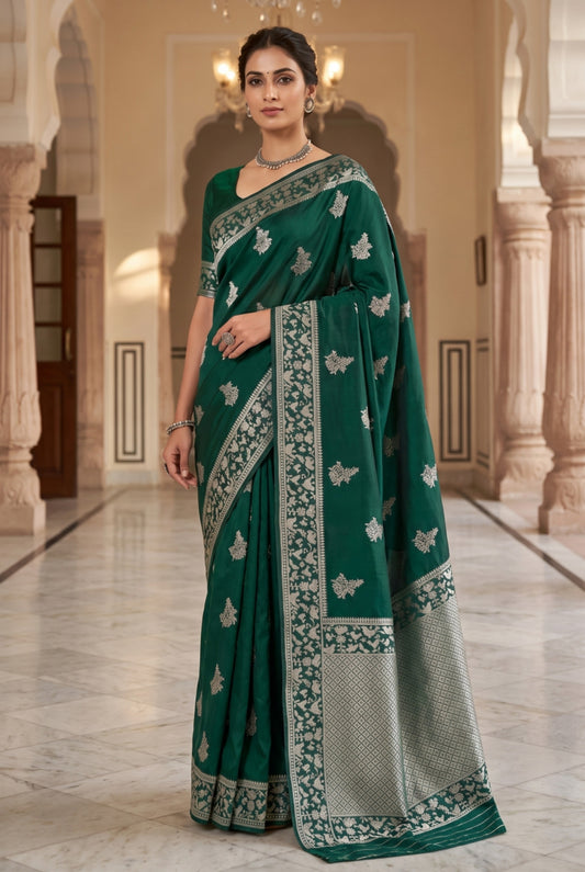 Bottle Green Banarasi Russian Silk Saree with Silver Zari Floral Weaving