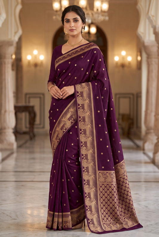 Wine Banarasi Russian Silk Saree with Gold Zari Booti Weaving