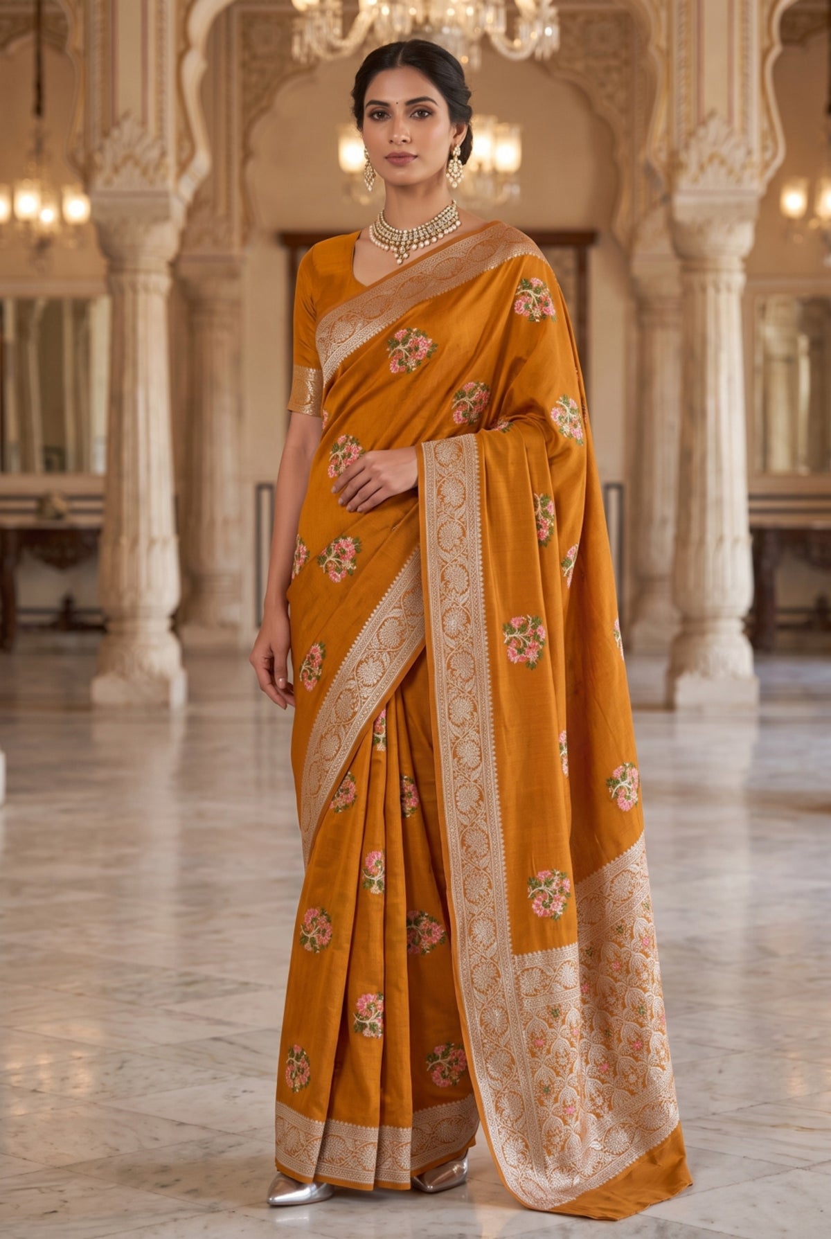 Orange Banarasi Russian Silk Saree with Multicolor Floral Booti Weaving