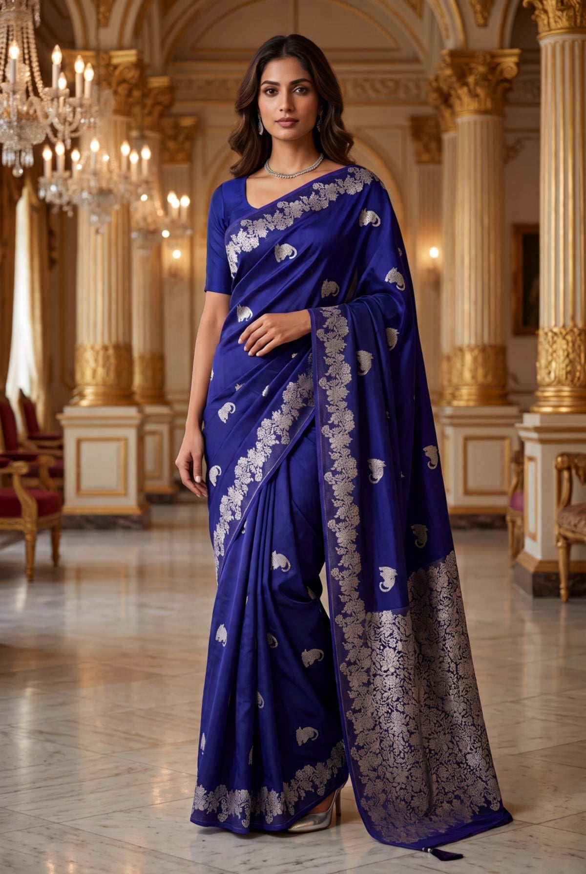 Banarasi Russian Silk Saree with Silver Zari Paisley Border