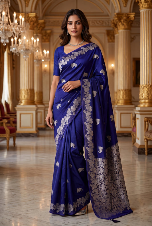 Banarasi Russian Silk Saree with Silver Zari Paisley Border