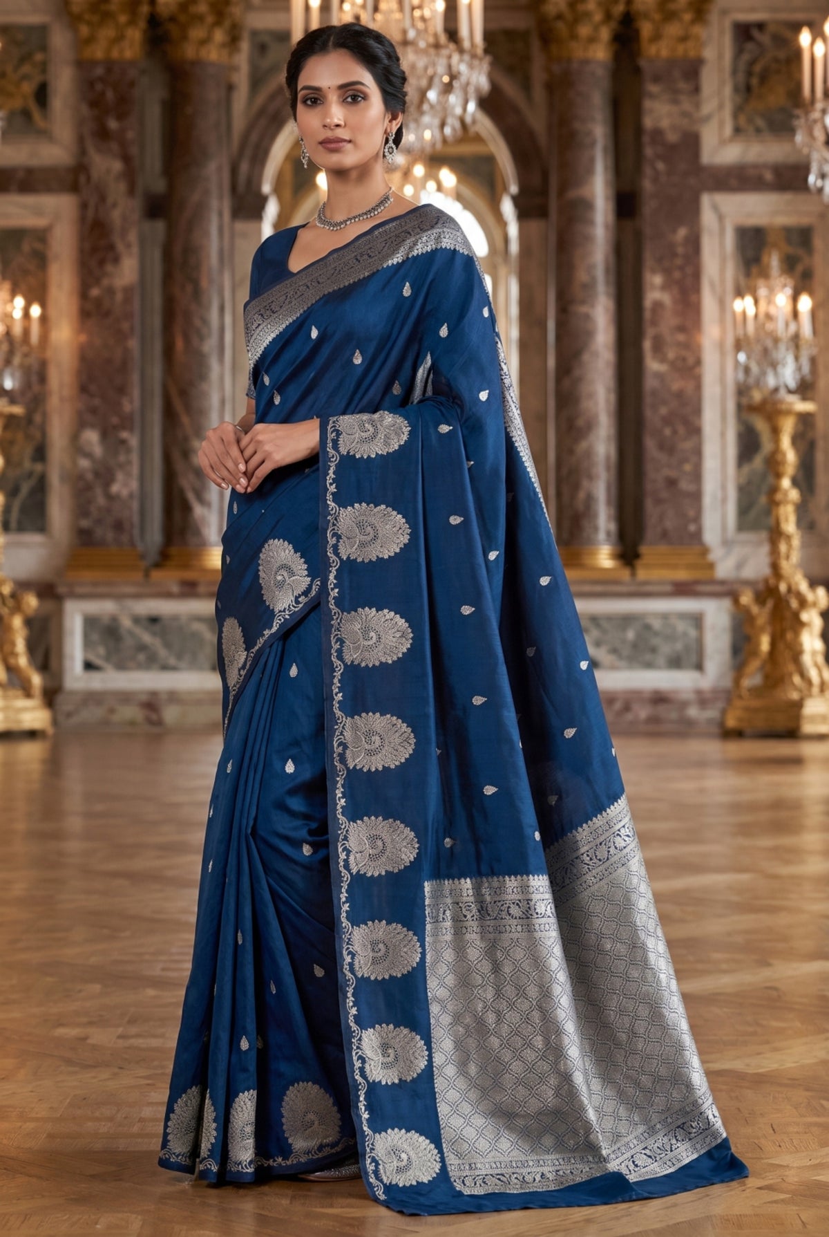 Teal Blue Banarasi Russian Silk Saree with Silver Zari Paisley Border