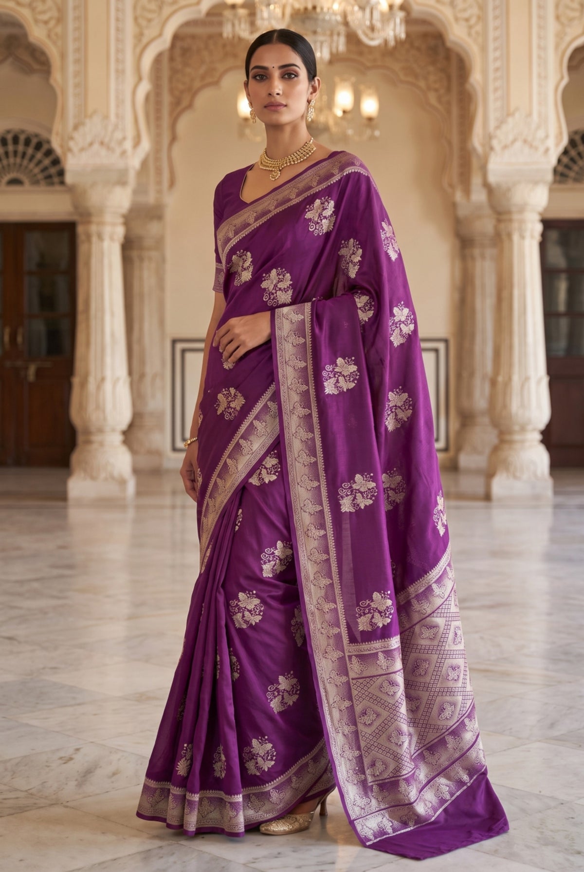 Wine Banarasi Russian Silk Saree with Golden Zari Floral Booti Weaving