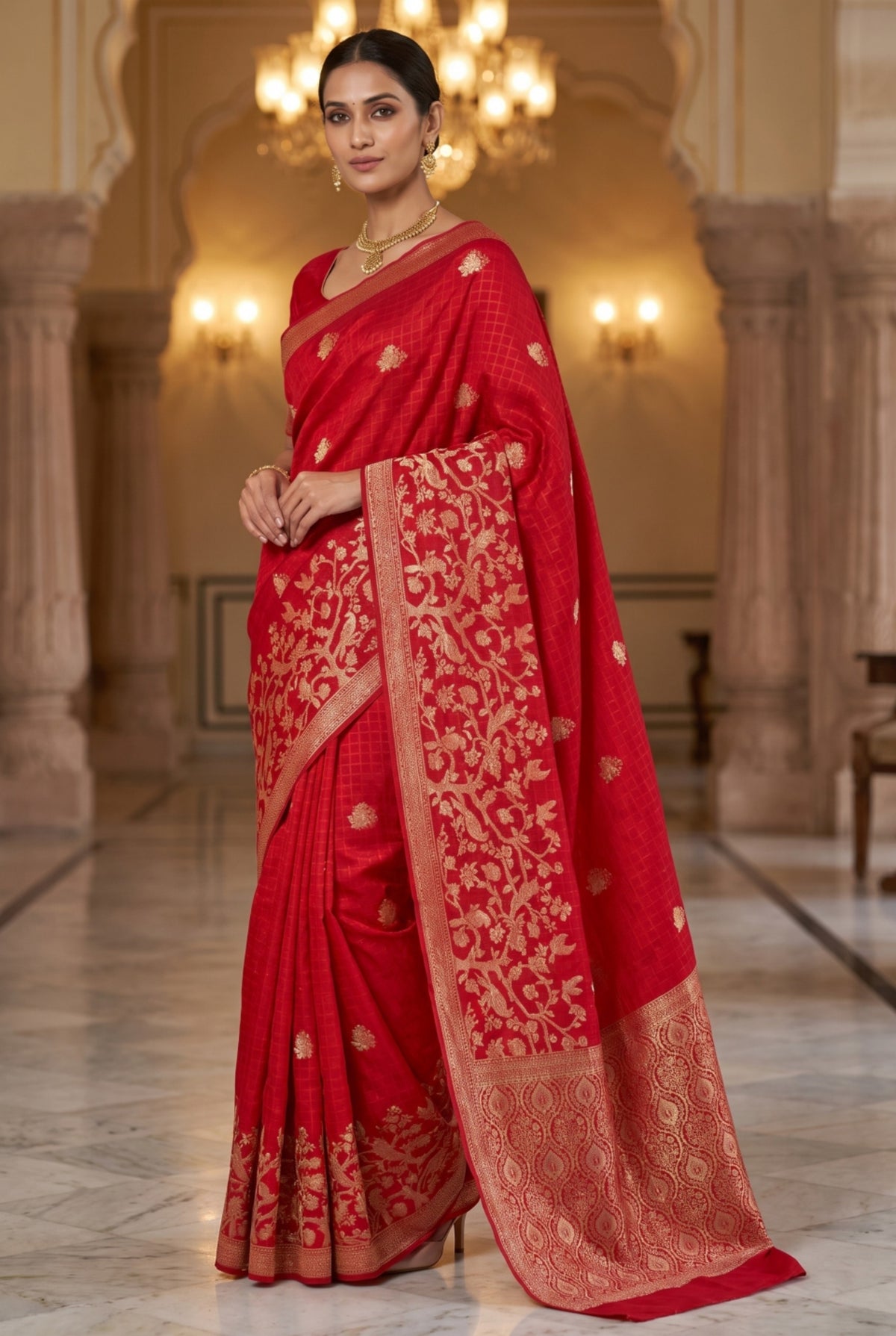 Red Banarasi Russian Silk Saree with Checkered Zari Weaving
