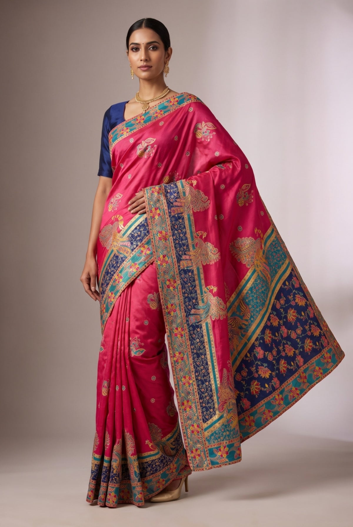 Rani Pink Position Print Saree with Peacock & Floral Border