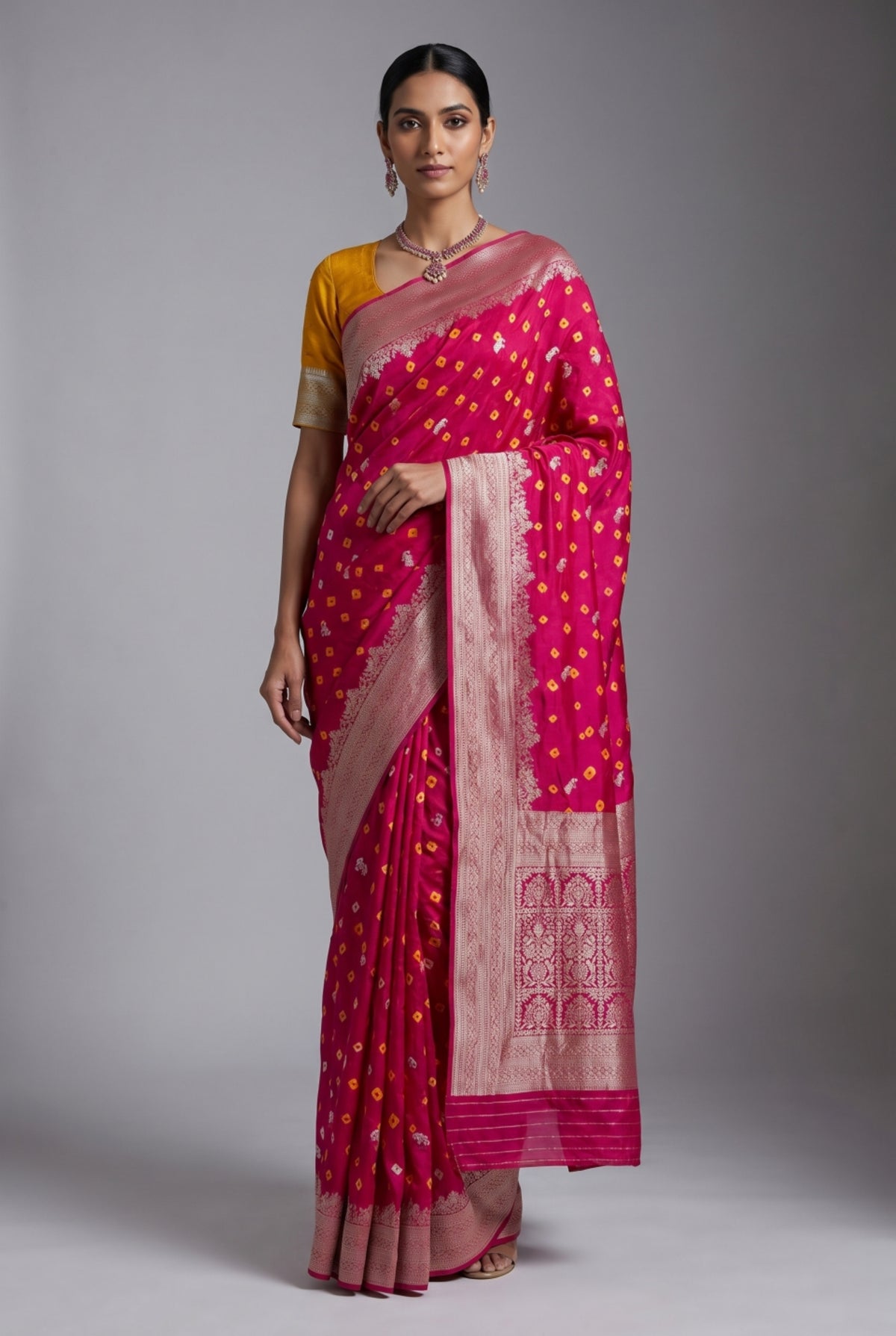 Red Bandhani Silk Saree with Silver Zari Border