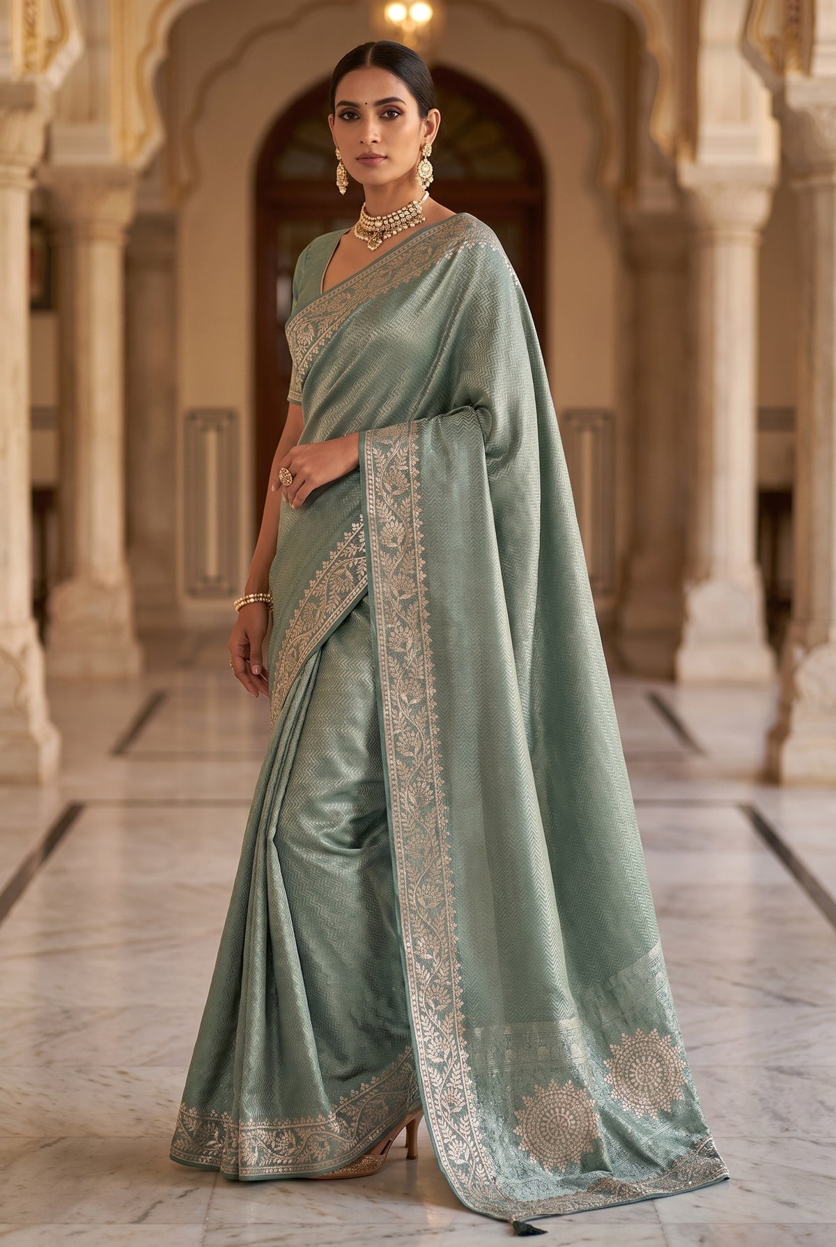 Saree with Chevron Weave & Gold Zari Border