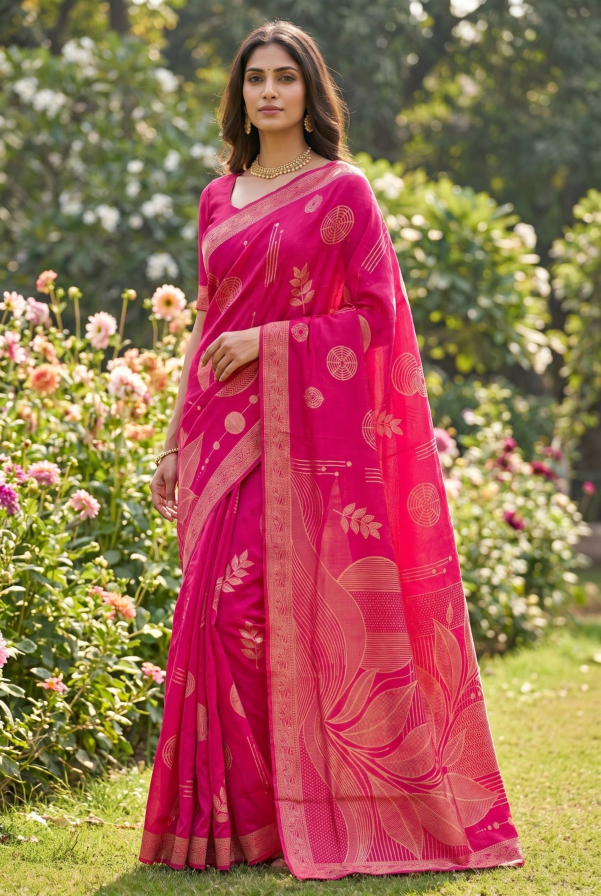 Rani Pink Saree with Contemporary Botanical Print