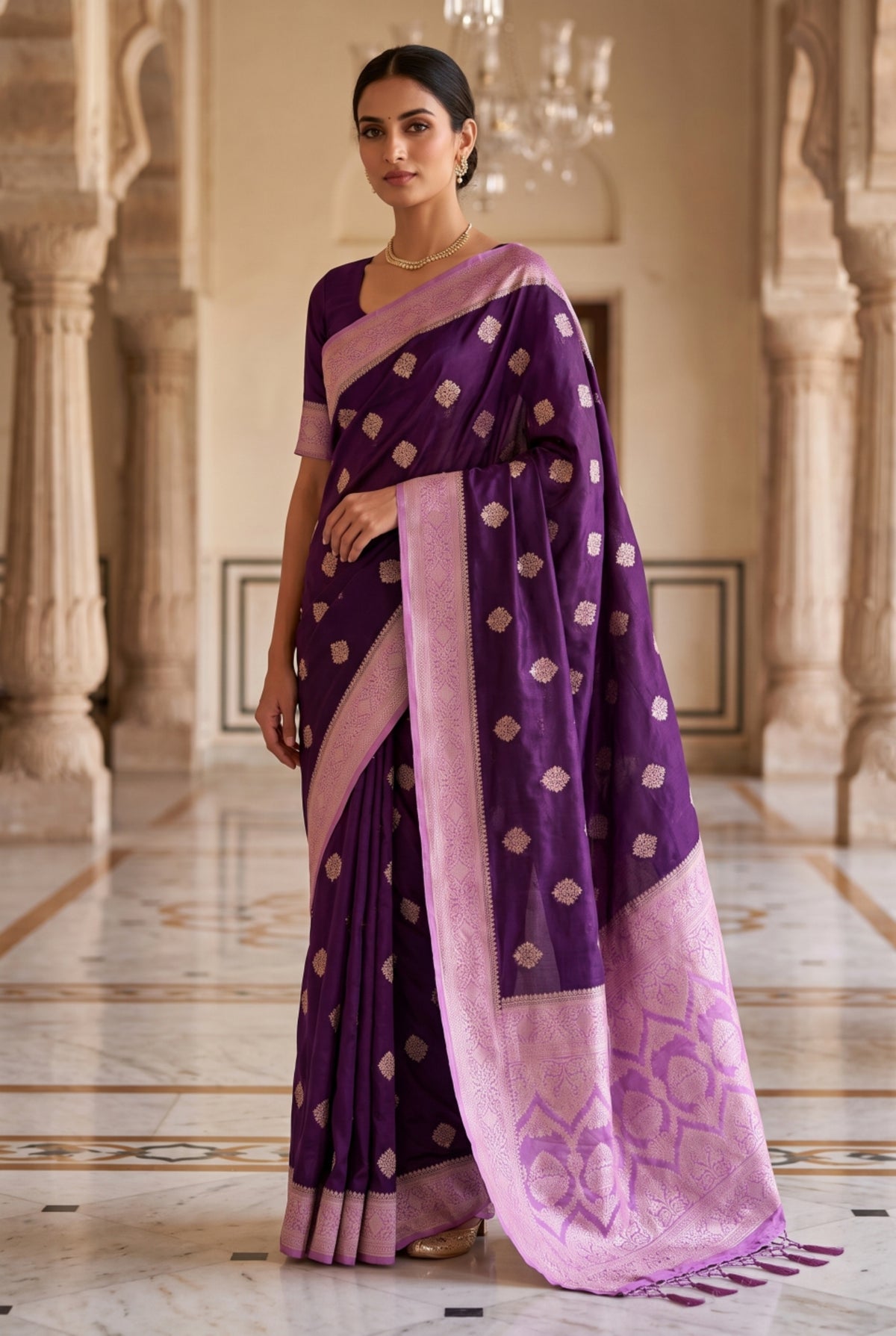 Dark Purple Saree with Contrast Lavender Border & Tassel Pallu