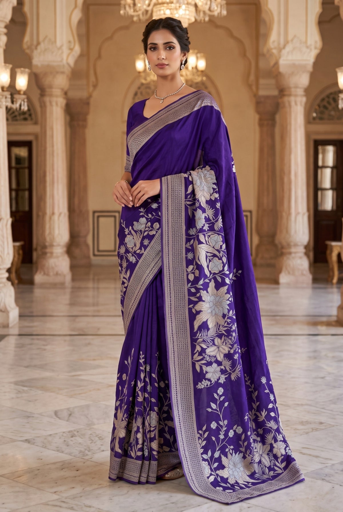 Dark Purple Saree with Silver Zari Floral Embroidery