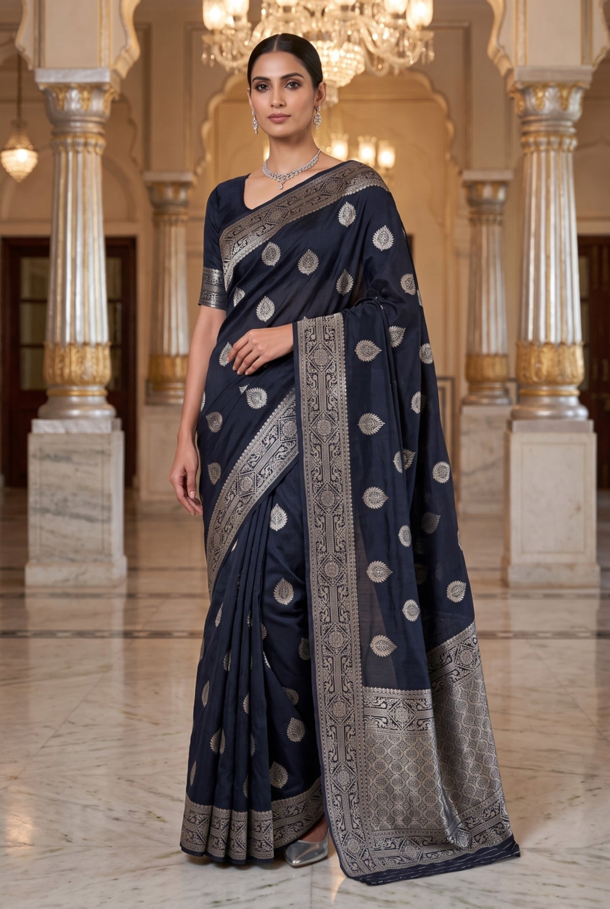 Black Saree with Silver Zari Leaf Motif Border
