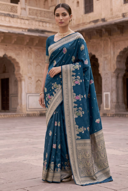 Banarasi Silk Saree with Multicolor Peacock Motif Weaving