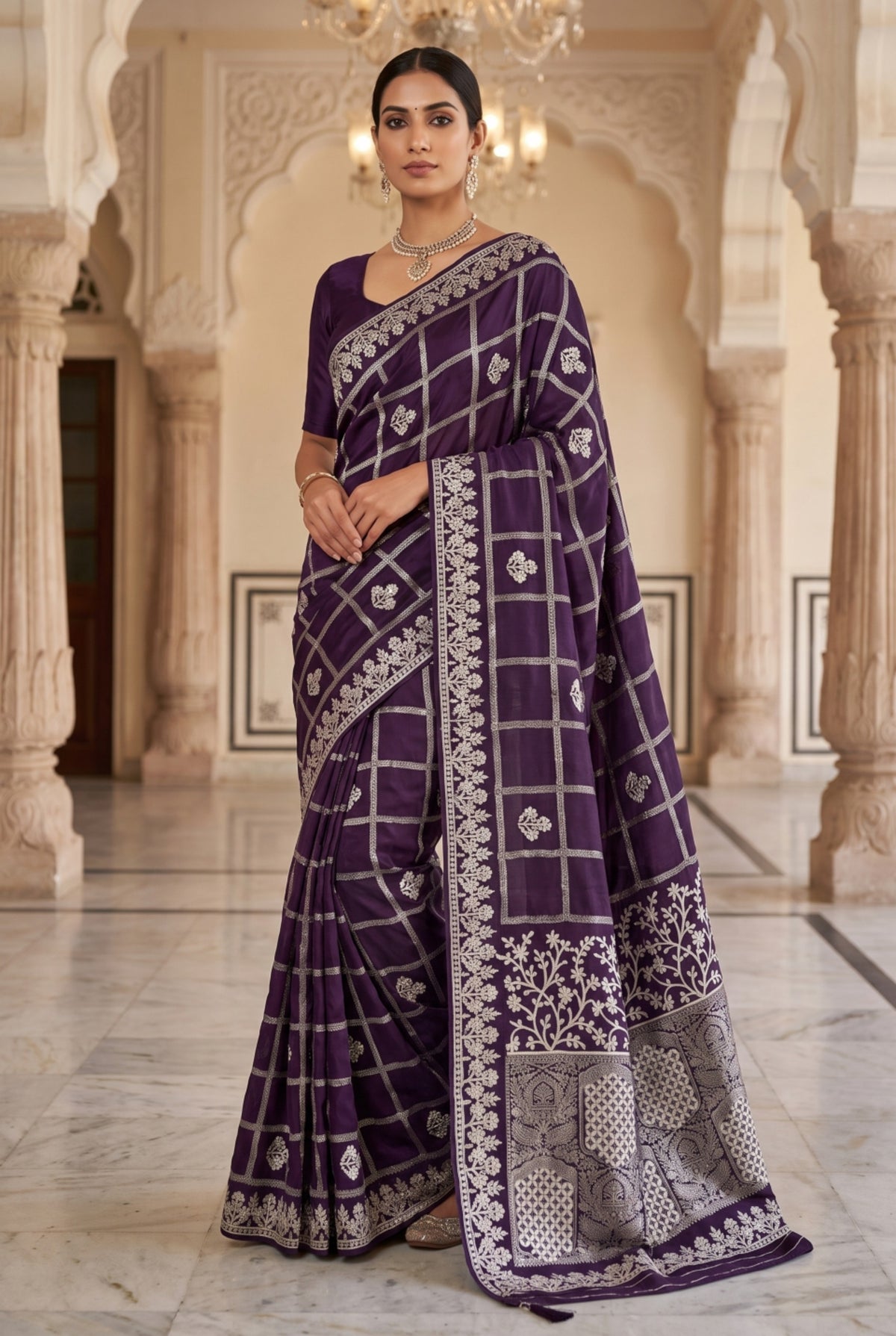 Saree with Hand-Embroidered Silver Checkered Weaving