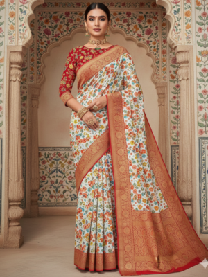 Shwet Lal Pushp Position Print Silk Saree
