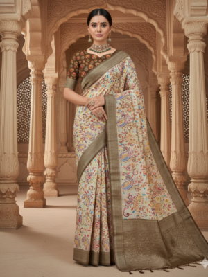 Mehndi Rangkar Position Print Silk Saree