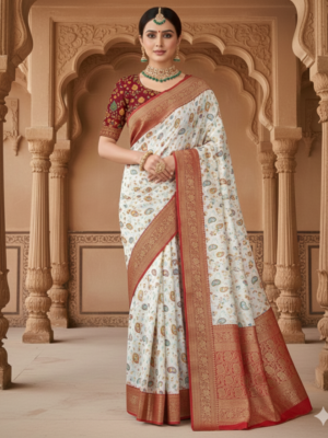 Shwet Lal Veil Position Print Silk Saree – Festive Wear